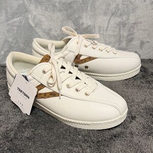 Tretorn Nylite Plus White Leather Sneakers with Leopard Details, Size 9 NWT!
